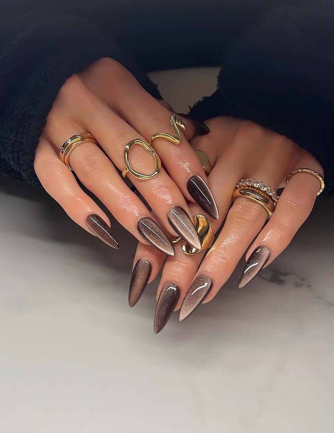 Chocolate Cat Eye Stiletto Nails