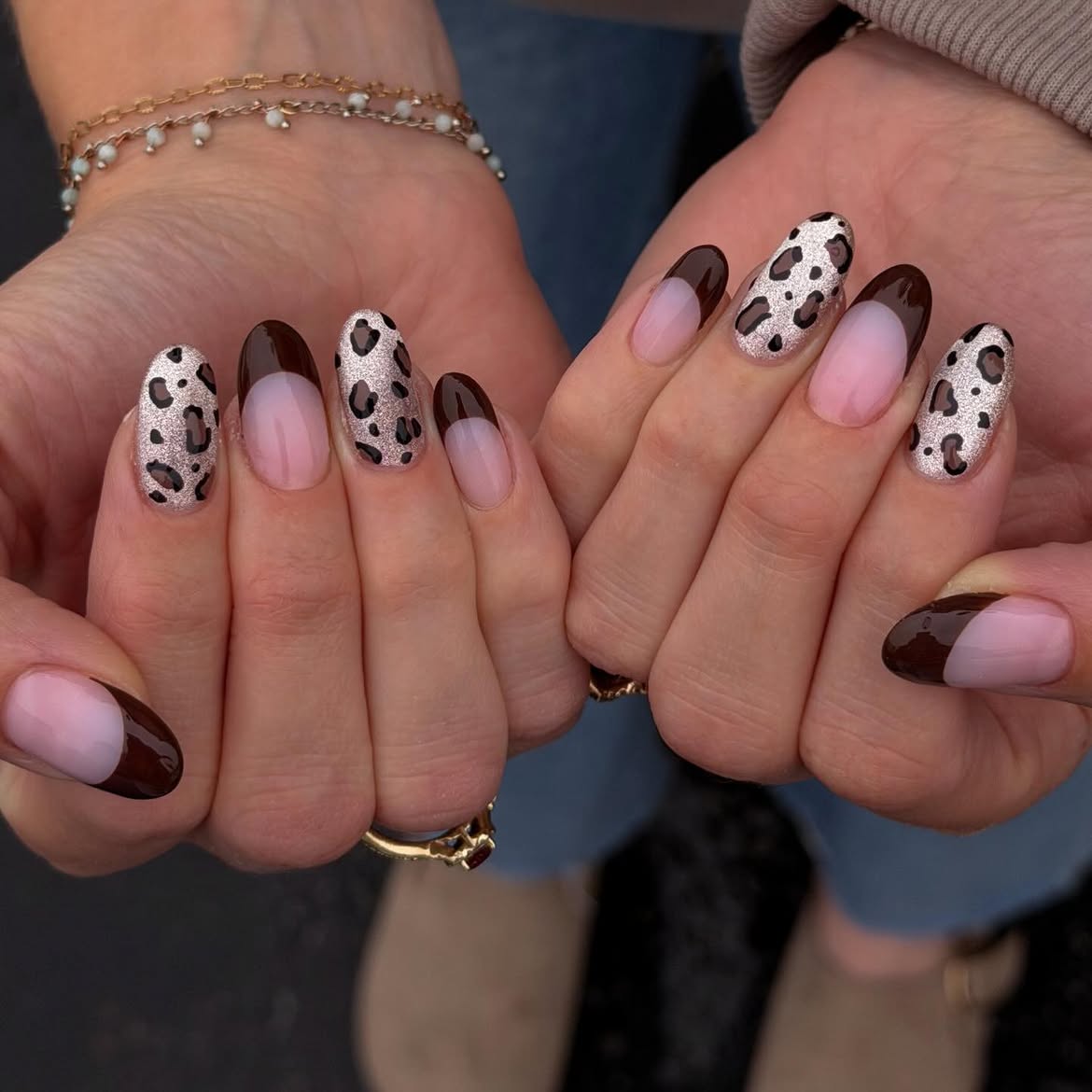 Chocolate Leopard French Ombre Almond Nails
