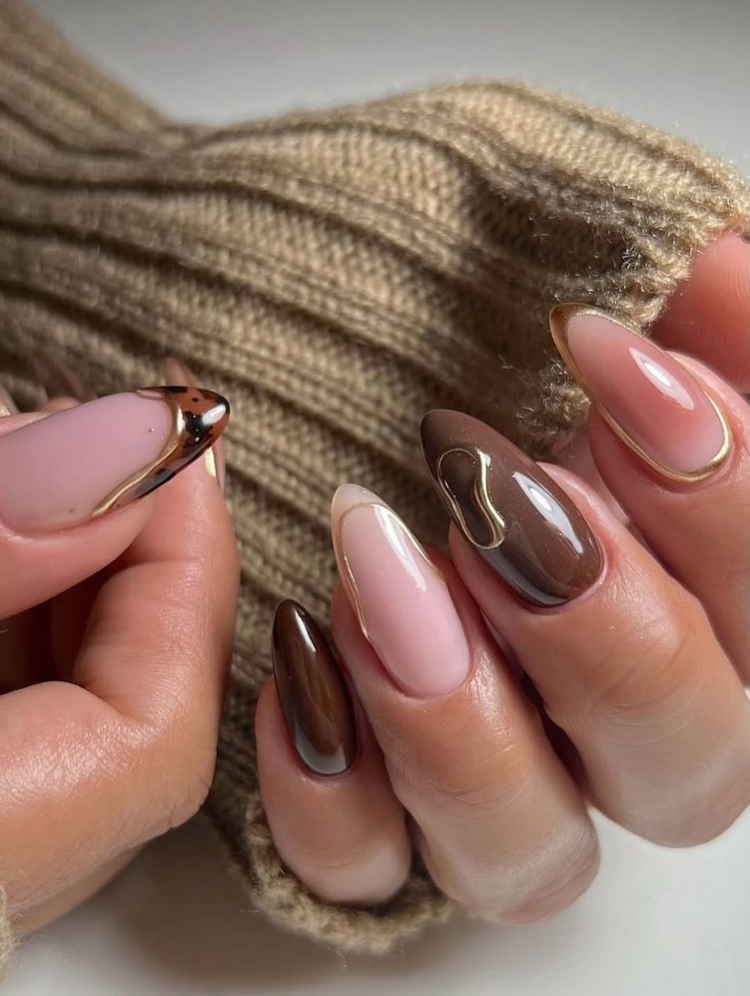 Chocolate Milk Almond Nails with Gold Swirls