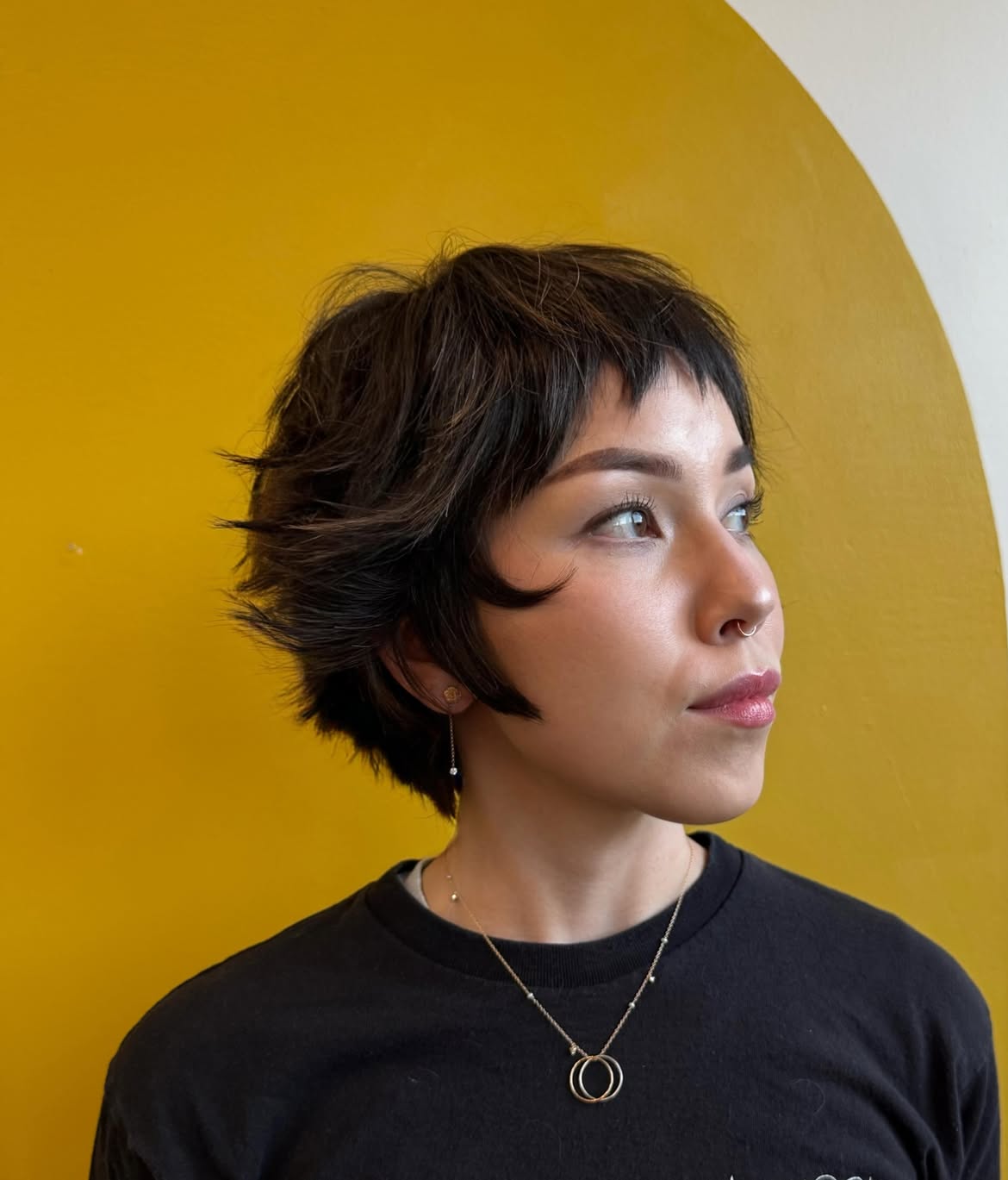 Choppy Dark Brunette Pixie With Micro Bangs