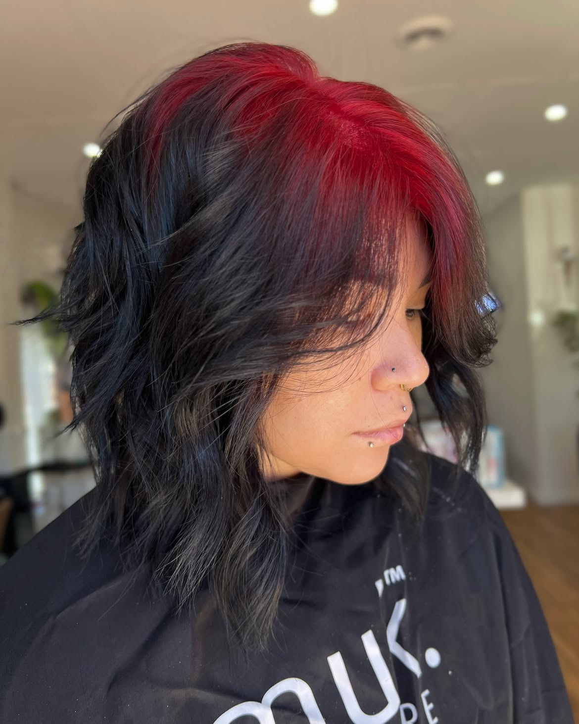 Choppy Layered Lob With Vibrant Red Money Piece