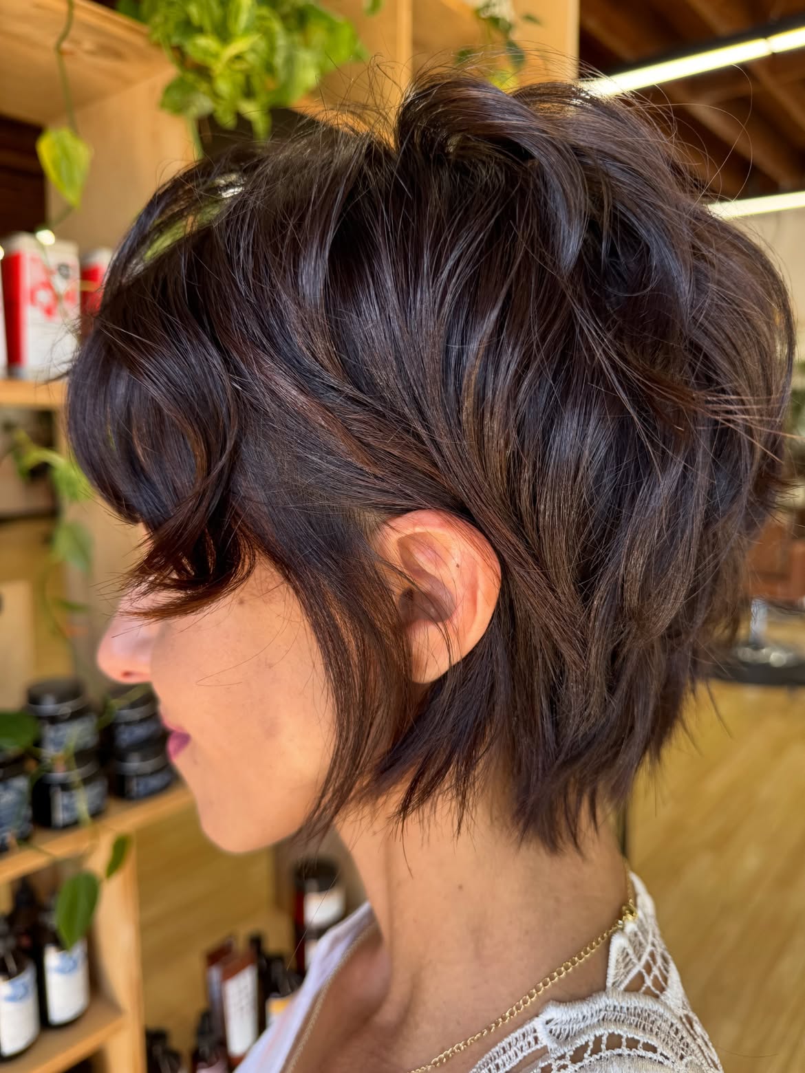 Choppy Textured Brunette Pixie With Wispy Bangs
