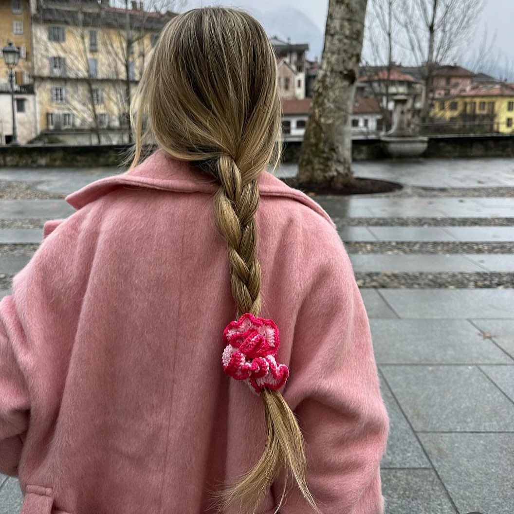 Chunky French Braid With Floral Scrunchie Accent