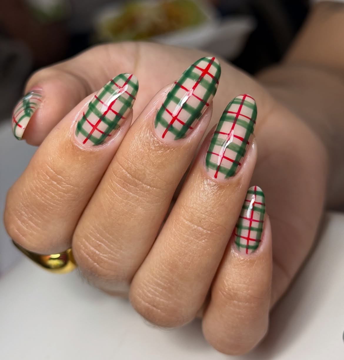 Classic Green and Red Plaid Almond Nails