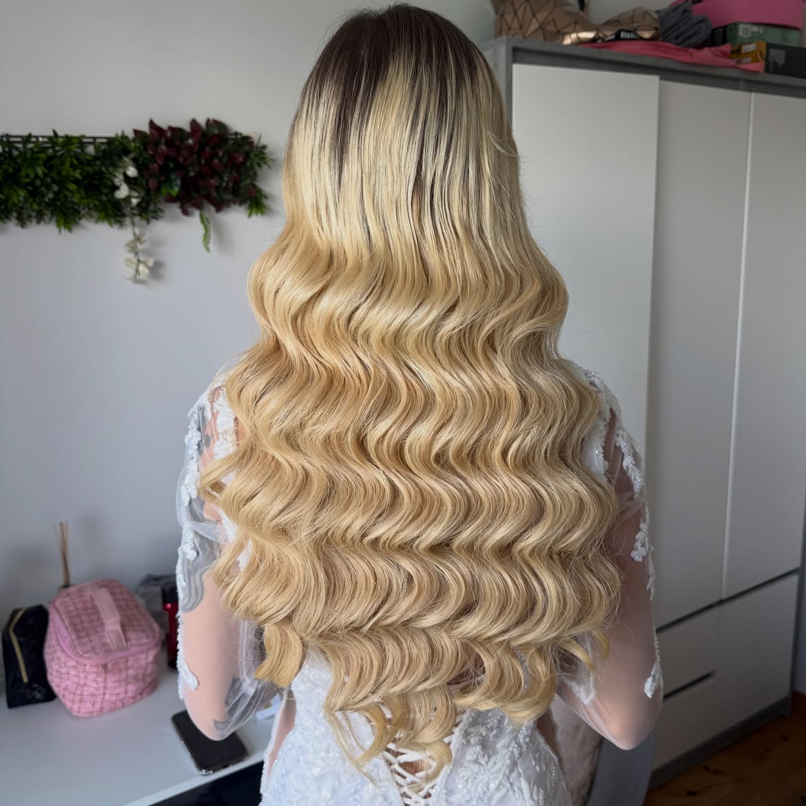 Classic Hollywood Waves On Long Honey Blonde Hair