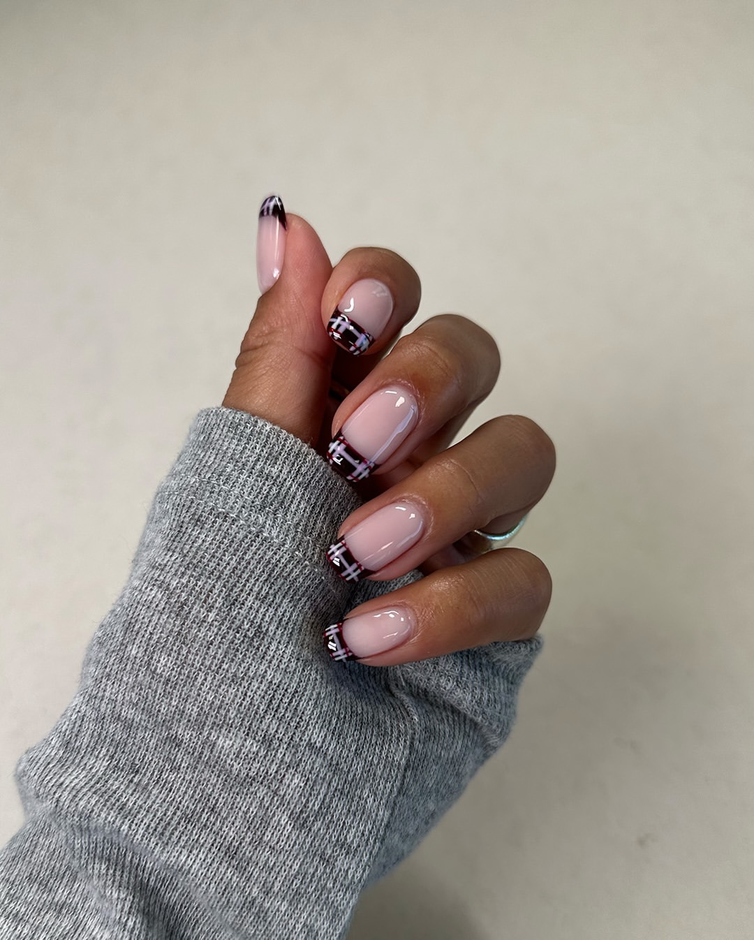Classic Plaid French Tip Almond Nails