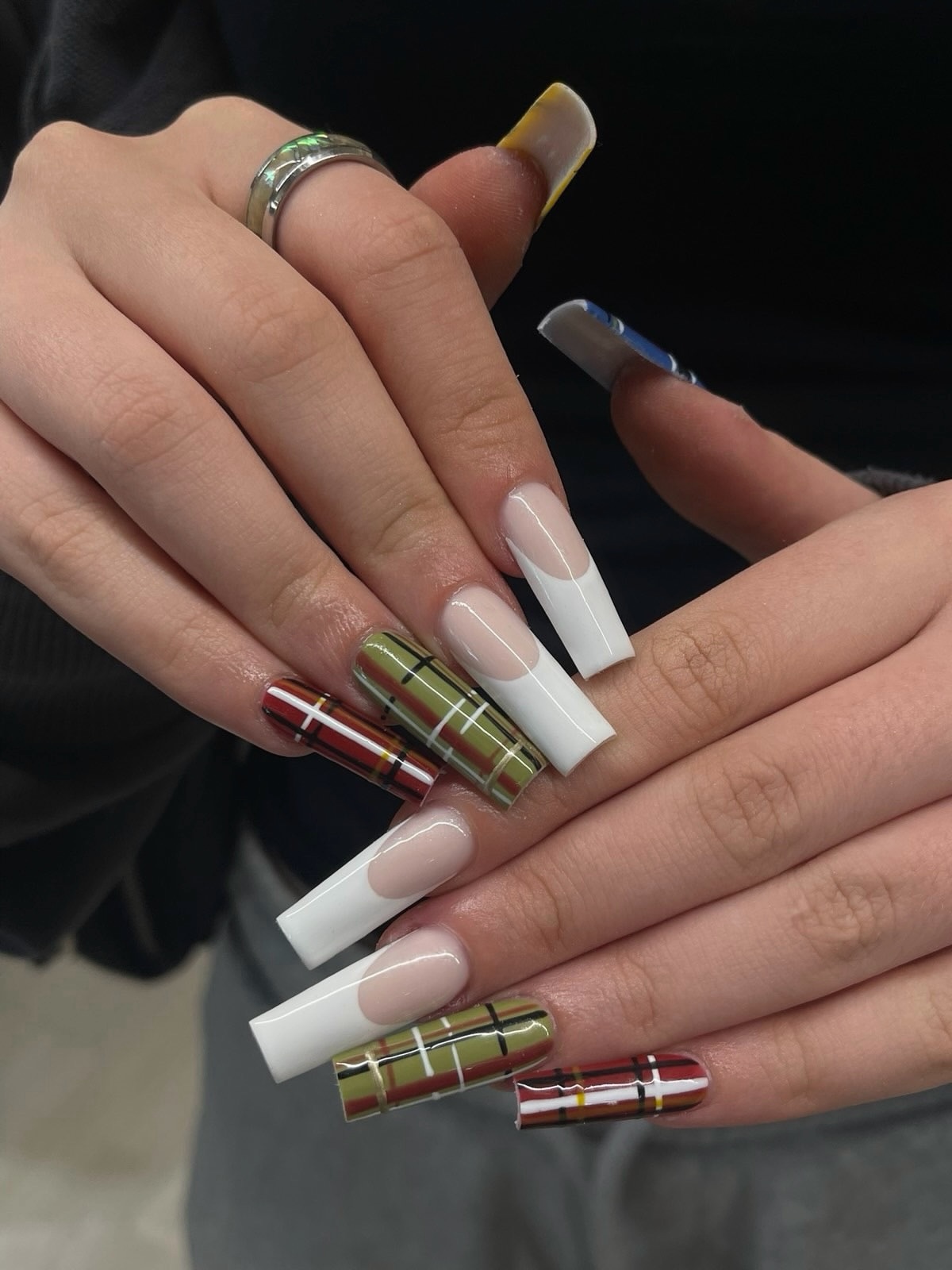 Classic Plaid French Tip Coffin Nails