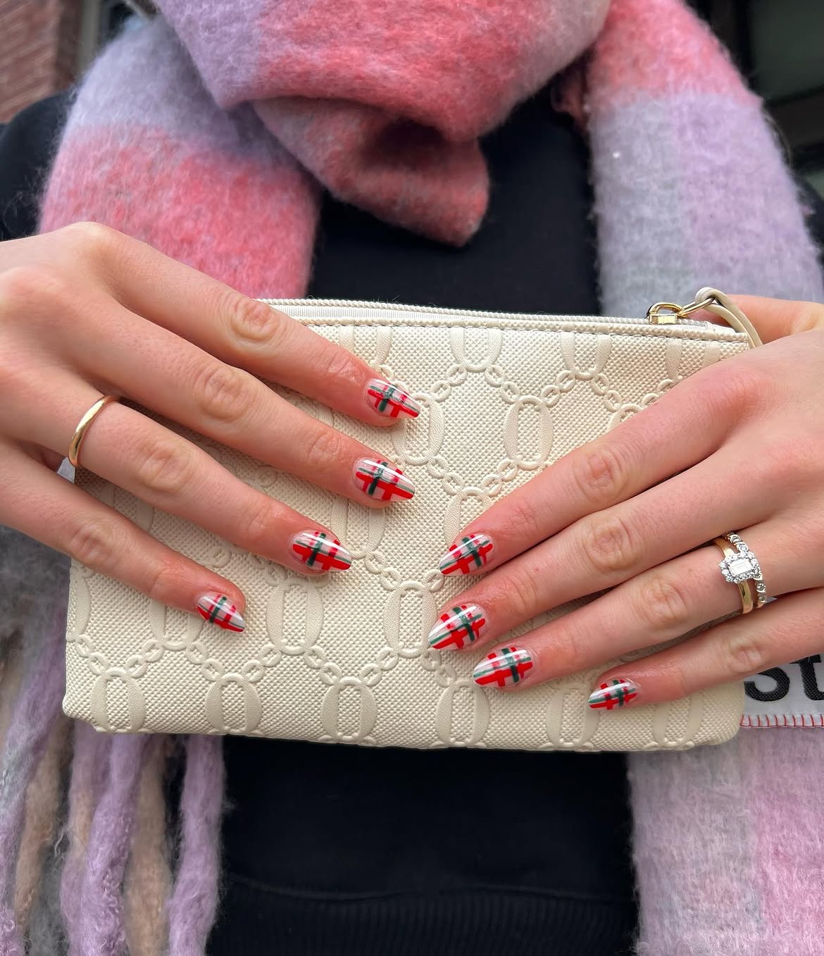 Classic Red Plaid Almond Nails