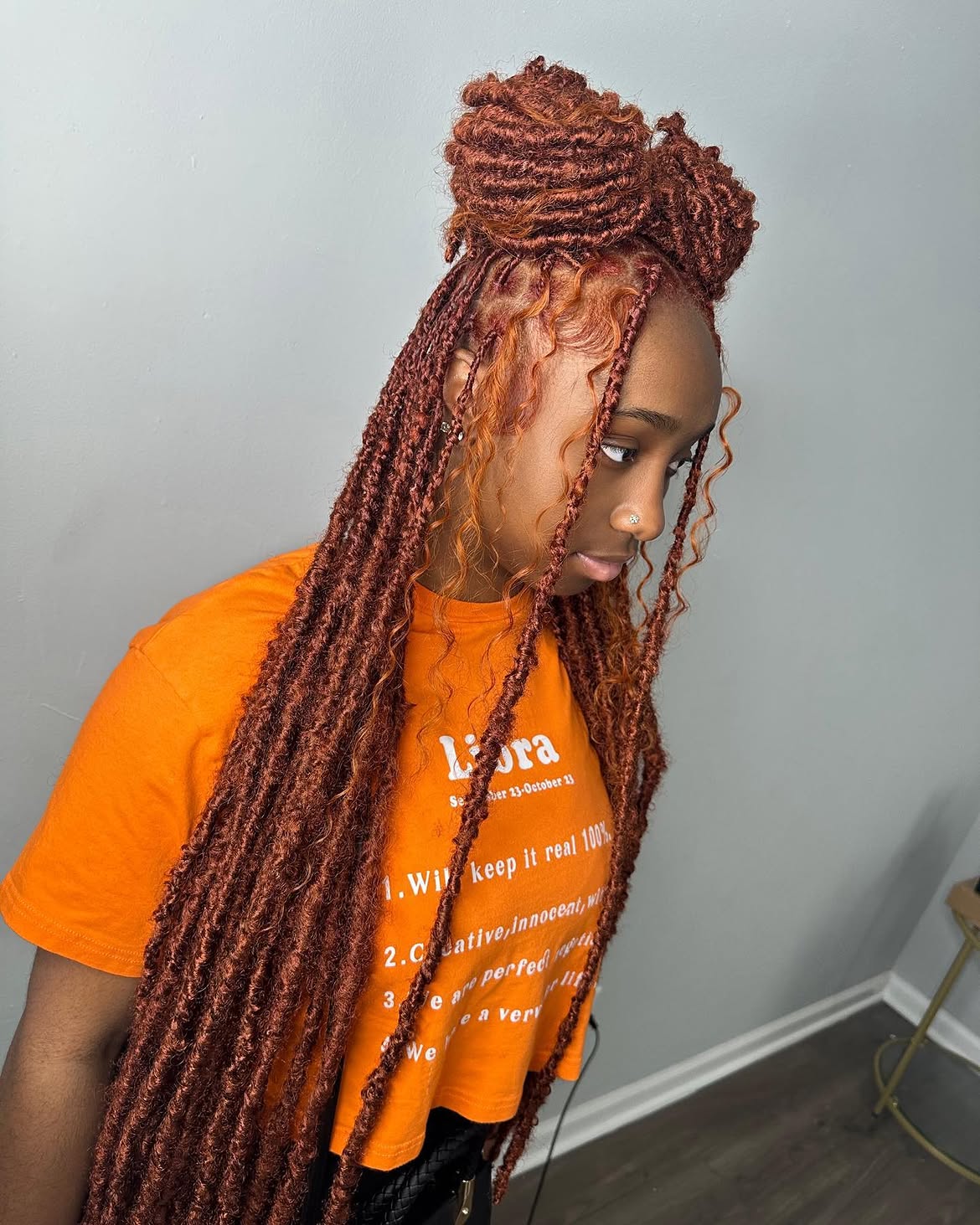 Copper Faux Locs With Double Top Buns