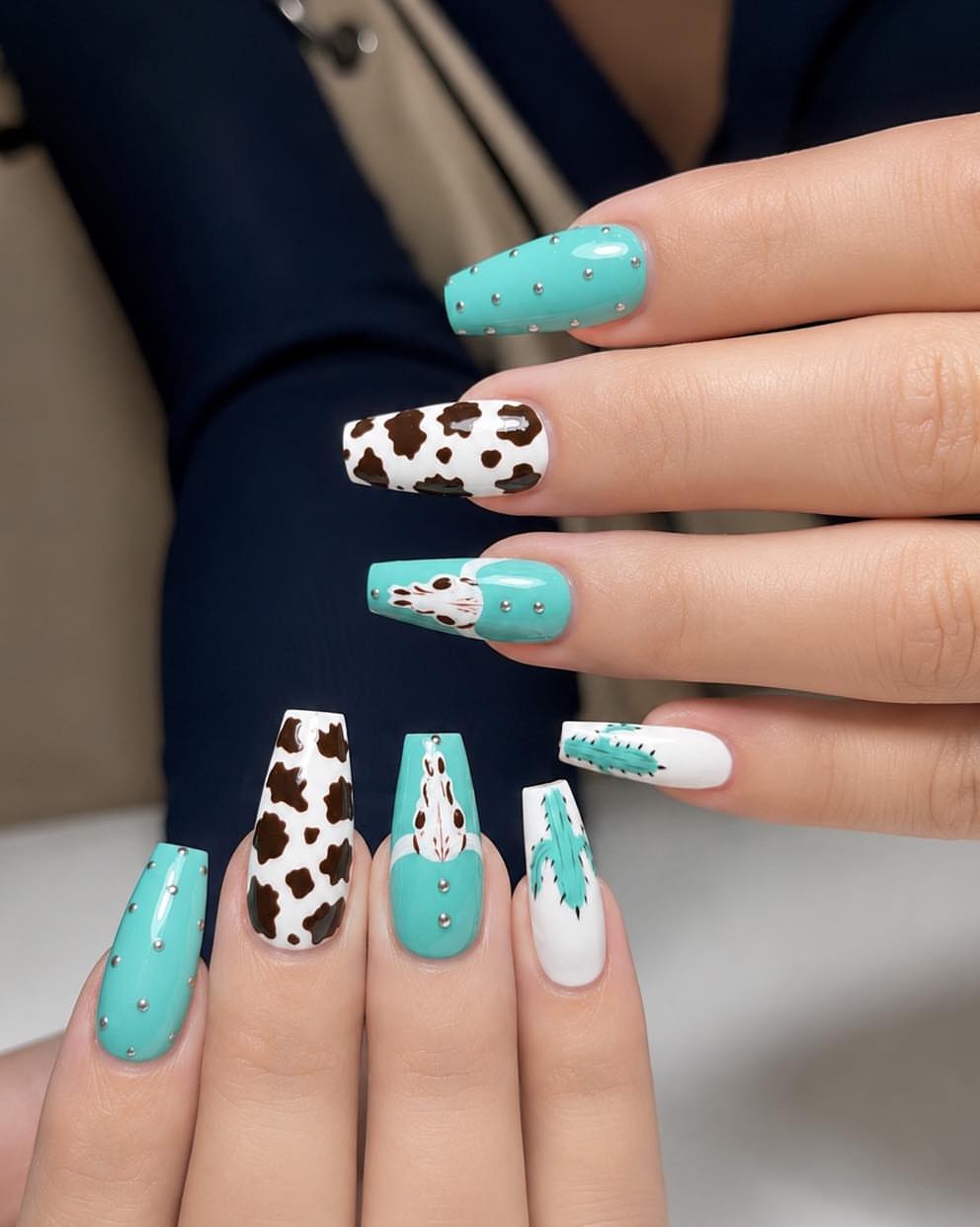 Cow Print and Cactus Coffin Nails with Studs
