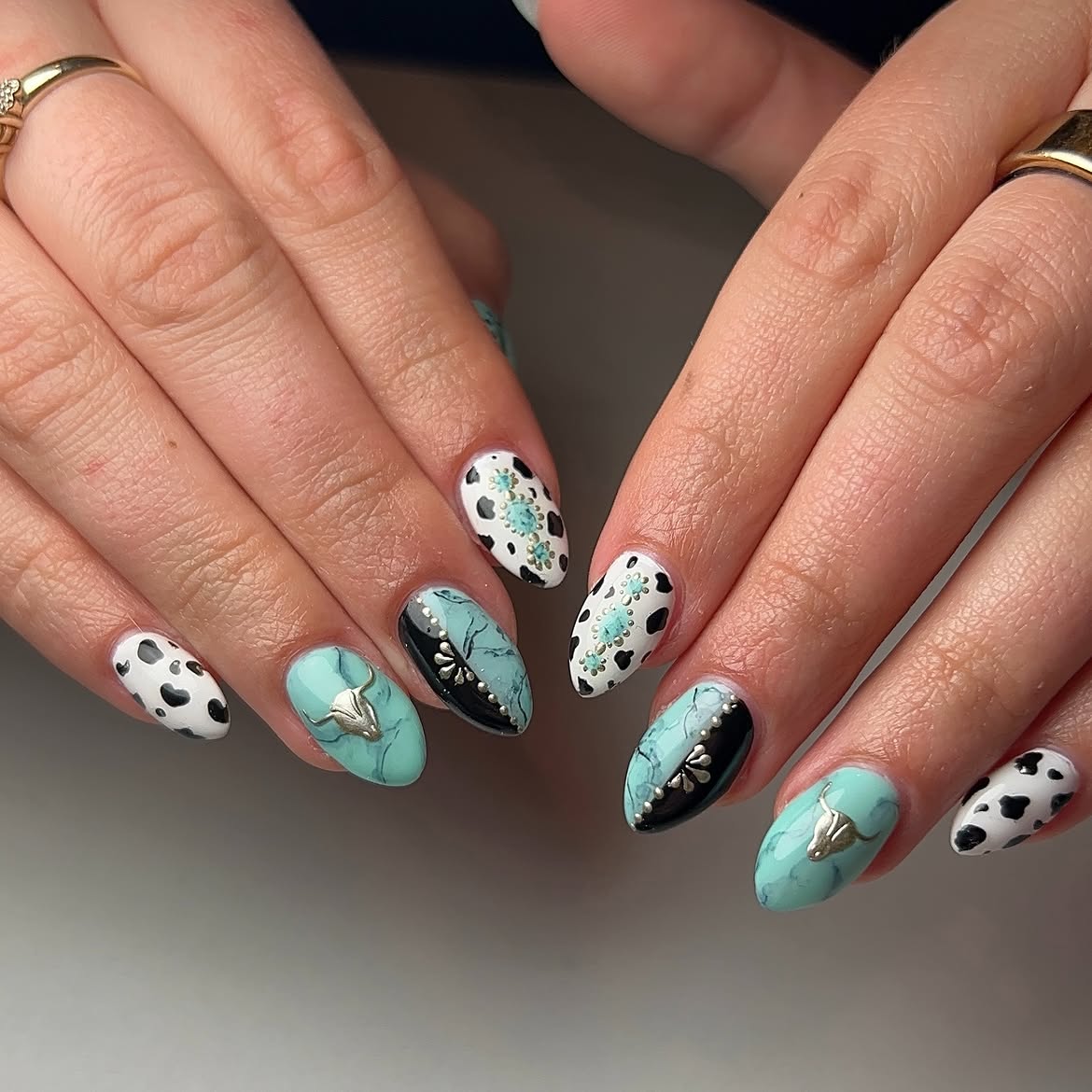 Cow Print and Turquoise Marble Western Nails