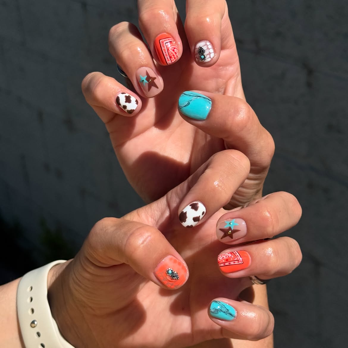 Cow Print & Bandana Western Short Square Nails