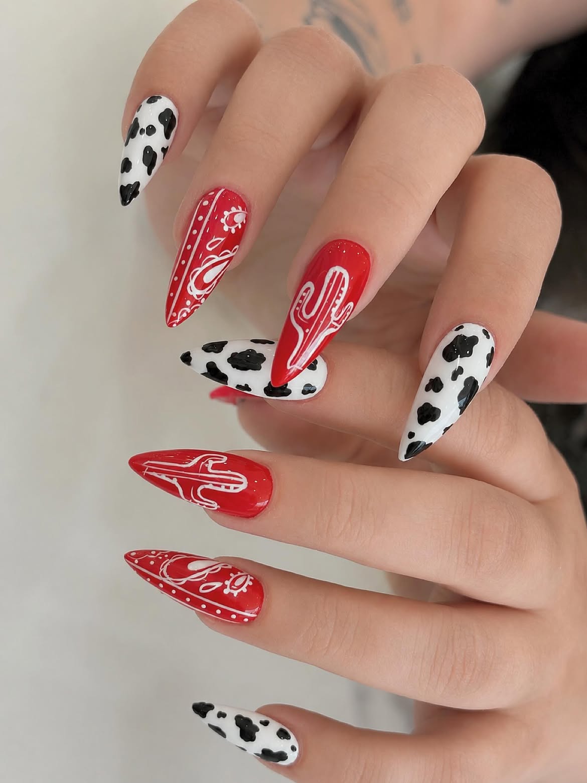 Cow Print & Cactus Red Bandana Stiletto Nails