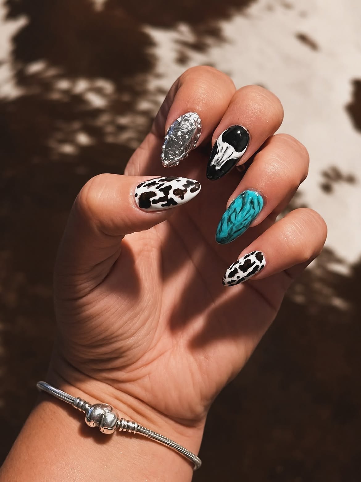 Cow Print Skull Turquoise Chrome Coffin Nails
