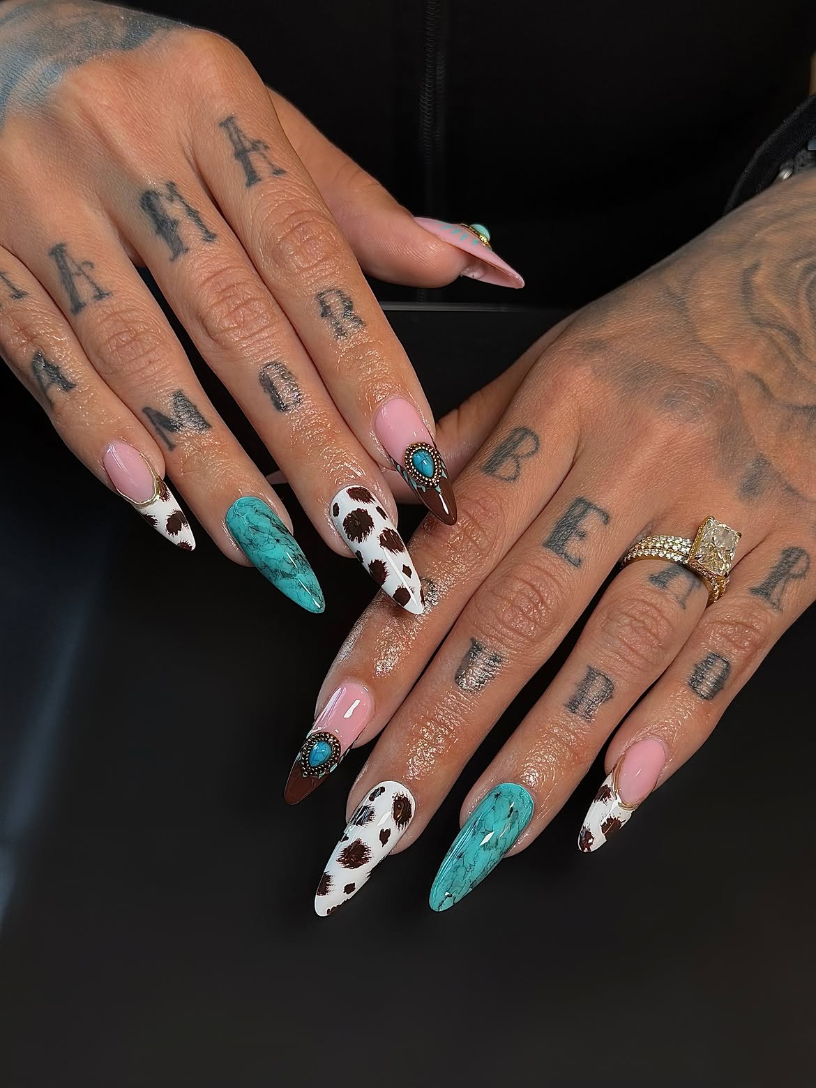Cow Print & Turquoise Western Stiletto Nails