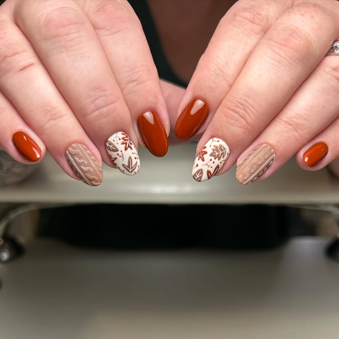 Cozy Cable Knit Fall Leaf Almond Nails