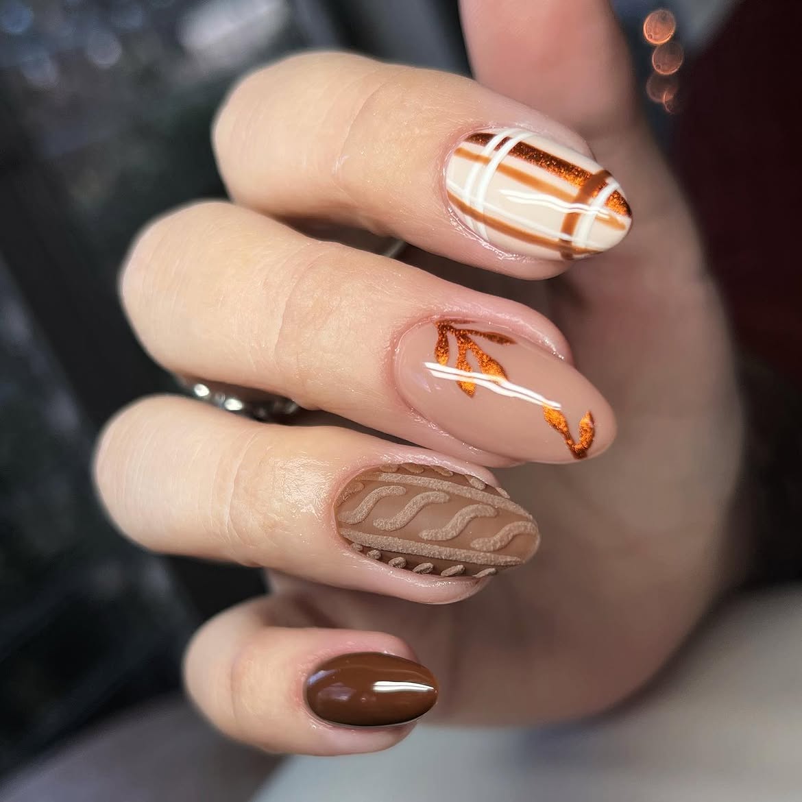 Cozy Cable Knit Sweater Nails with Warm Amber Accents