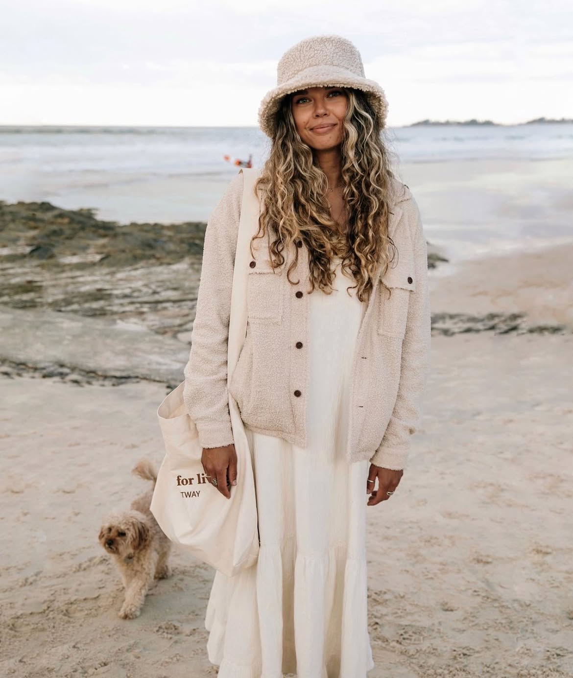 Cozy Cream Teddy Jacket Over Tiered Maxi Dress