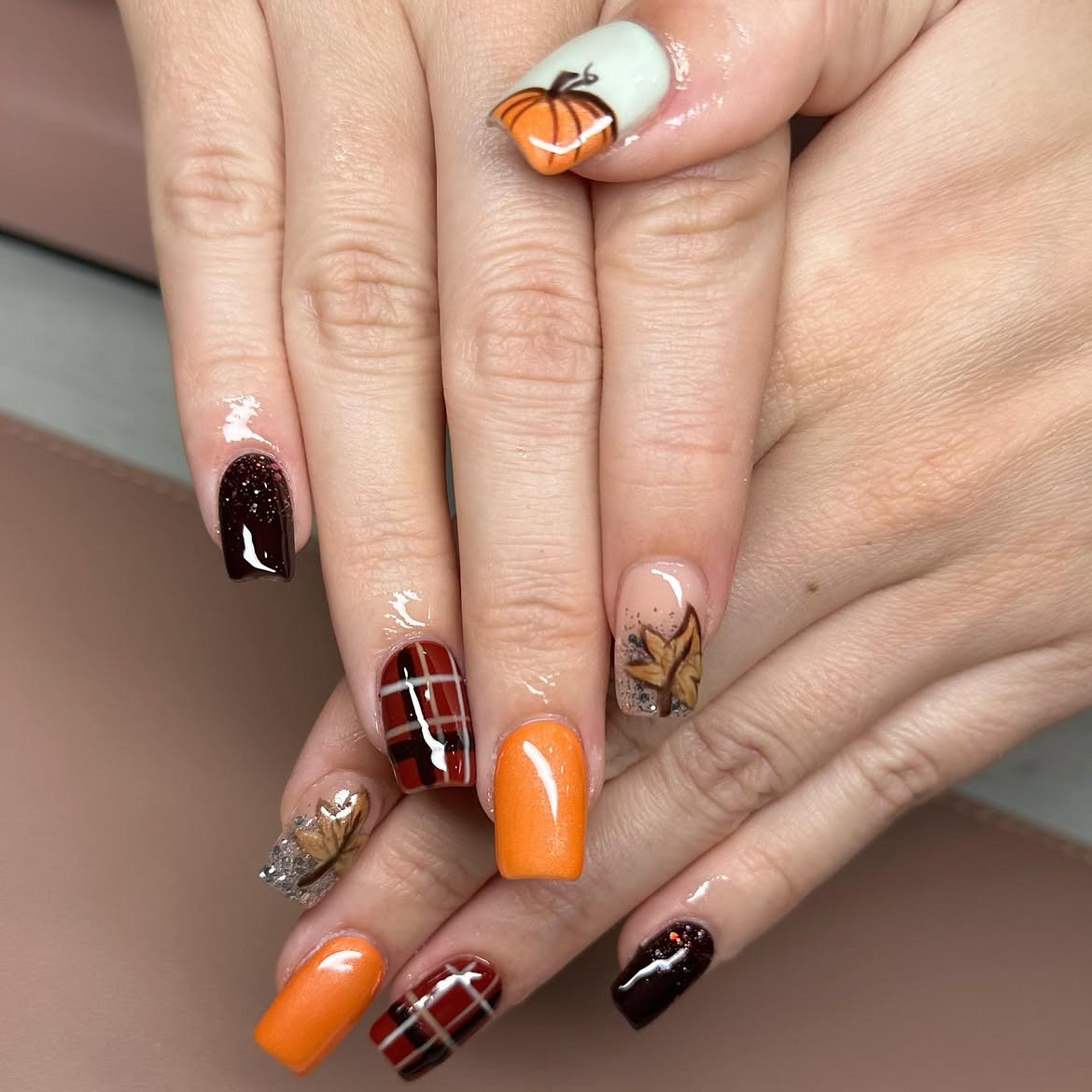 Cozy Fall Plaid Pumpkin Leaf Nail Art