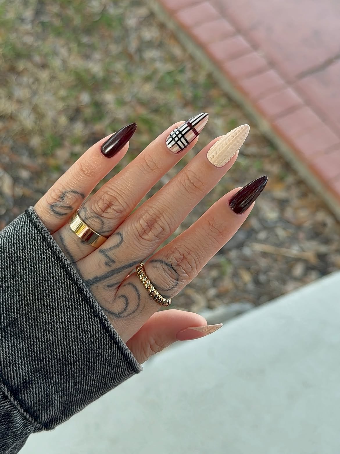 Cozy Plaid & Knit Sweater Almond Nails