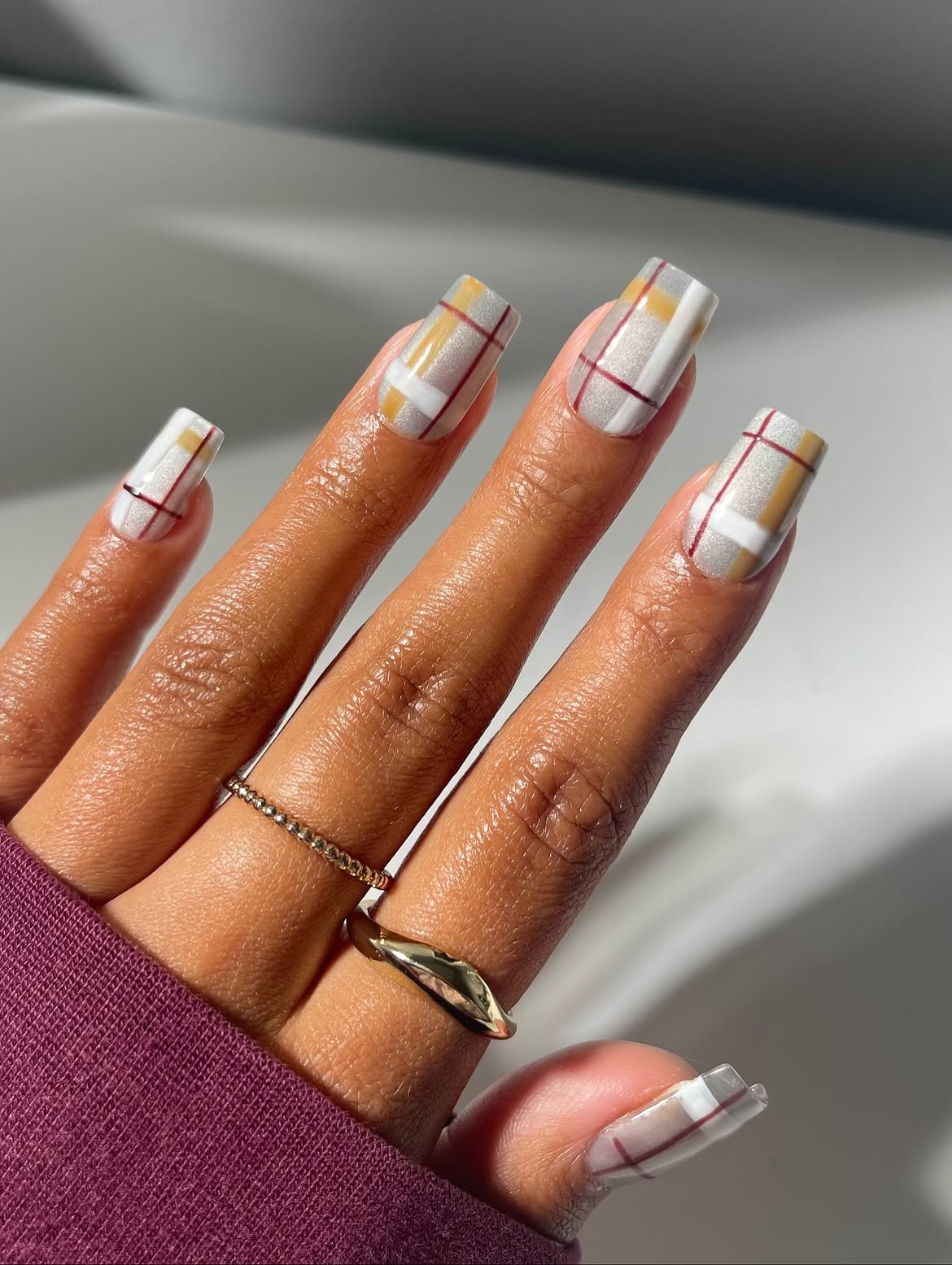 Cozy Plaid Square Nails with Warm Tones