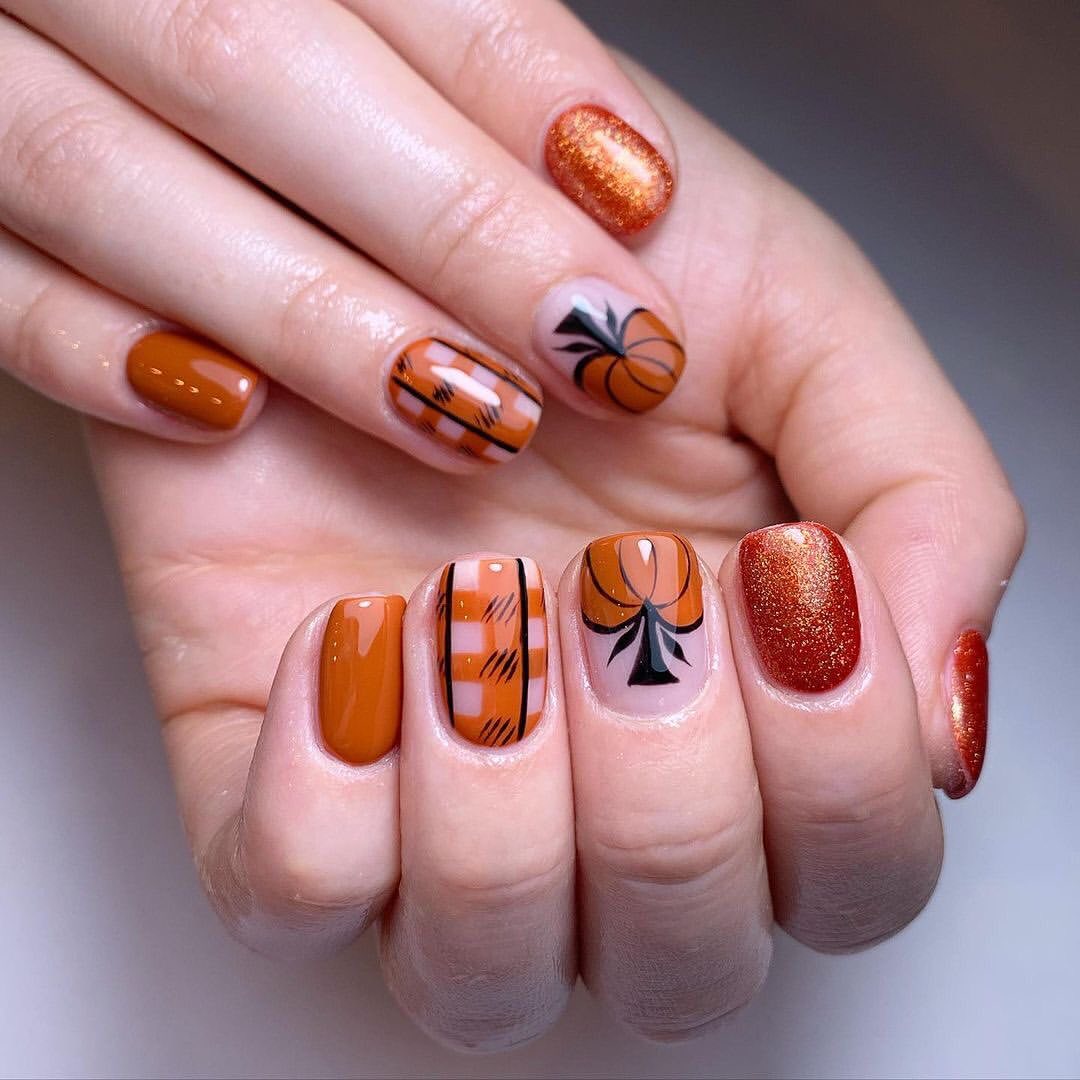 Cozy Pumpkin Plaid Fall Nails