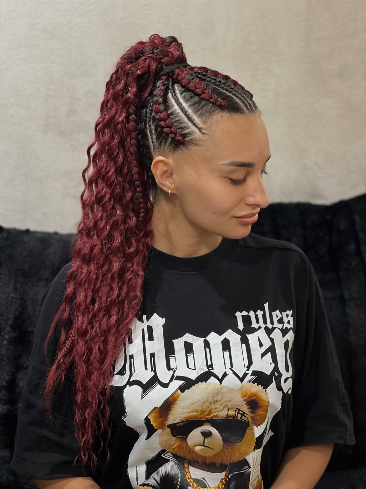 Crimson Curls With Detailed Cornrows Updo