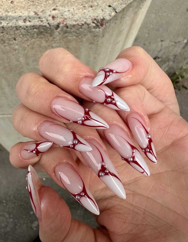 Crimson French Stiletto with Pearl Embellishments