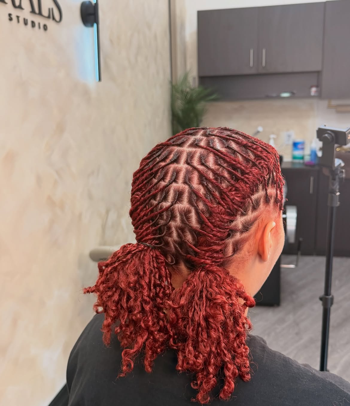 Crimson Red Starter Locs With Geometric Parts