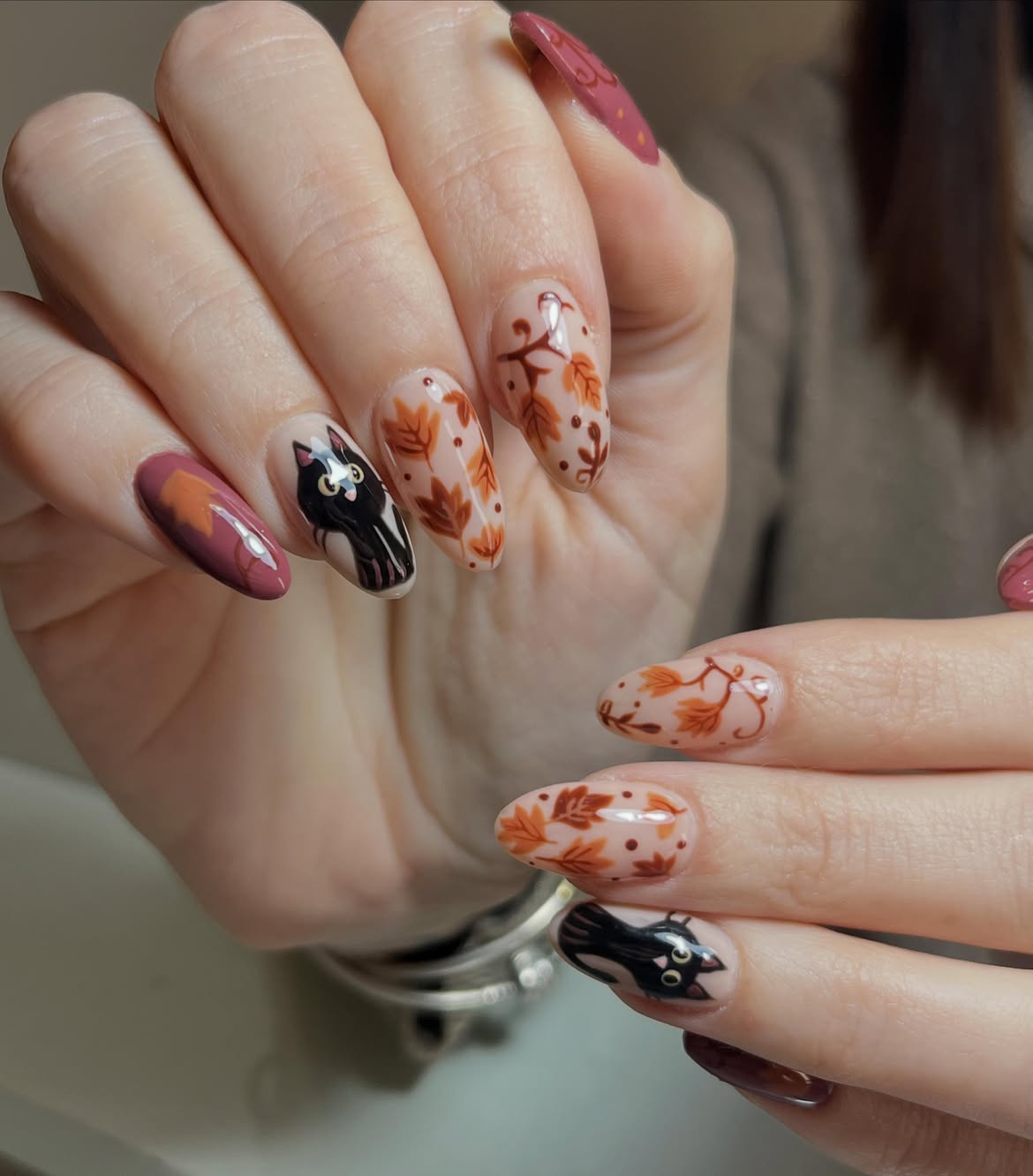 Cute Black Cat Fall Leaf Almond Nails