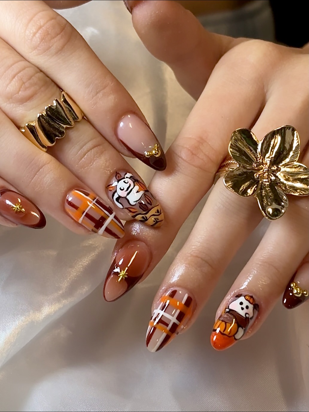 Cute Fall Characters Plaid Almond French Tips