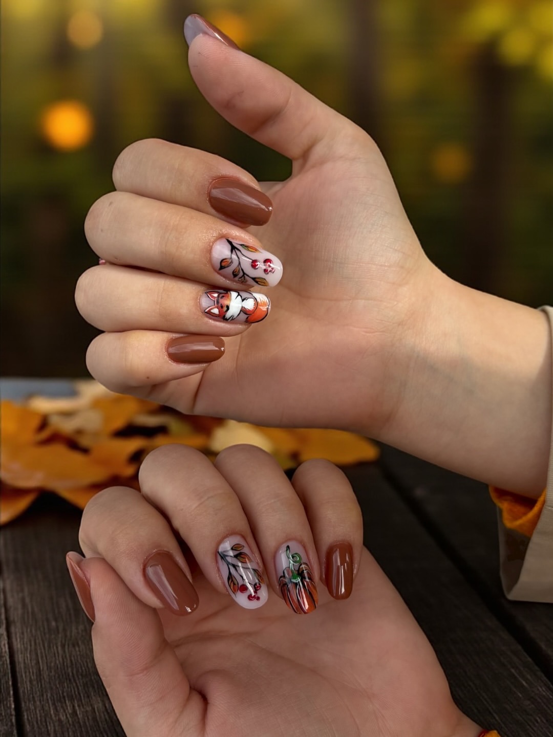 Cute Fox and Pumpkin Fall Nail Art