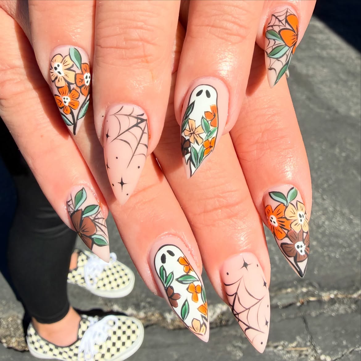 Cute Ghost and Floral Halloween Stiletto Nails