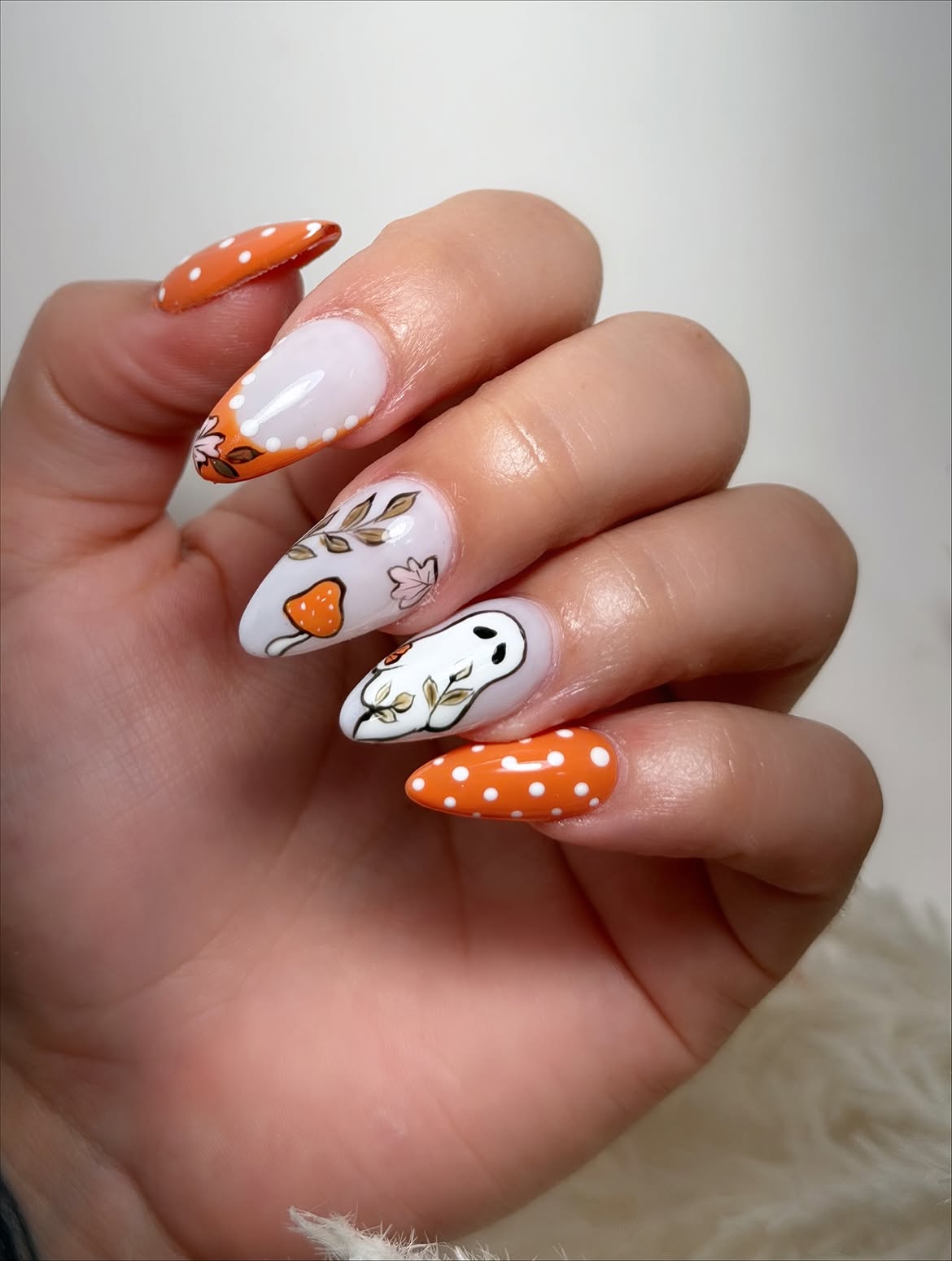 Cute Ghost and Mushroom Fall Almond Nails