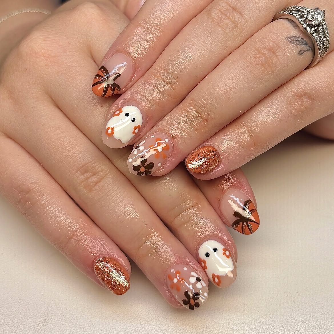 Cute Ghost and Pumpkin Fall Nail Art