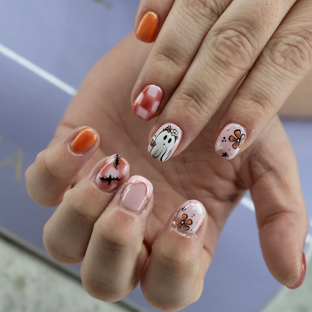 Cute Halloween Ghost and Bat Nail Art