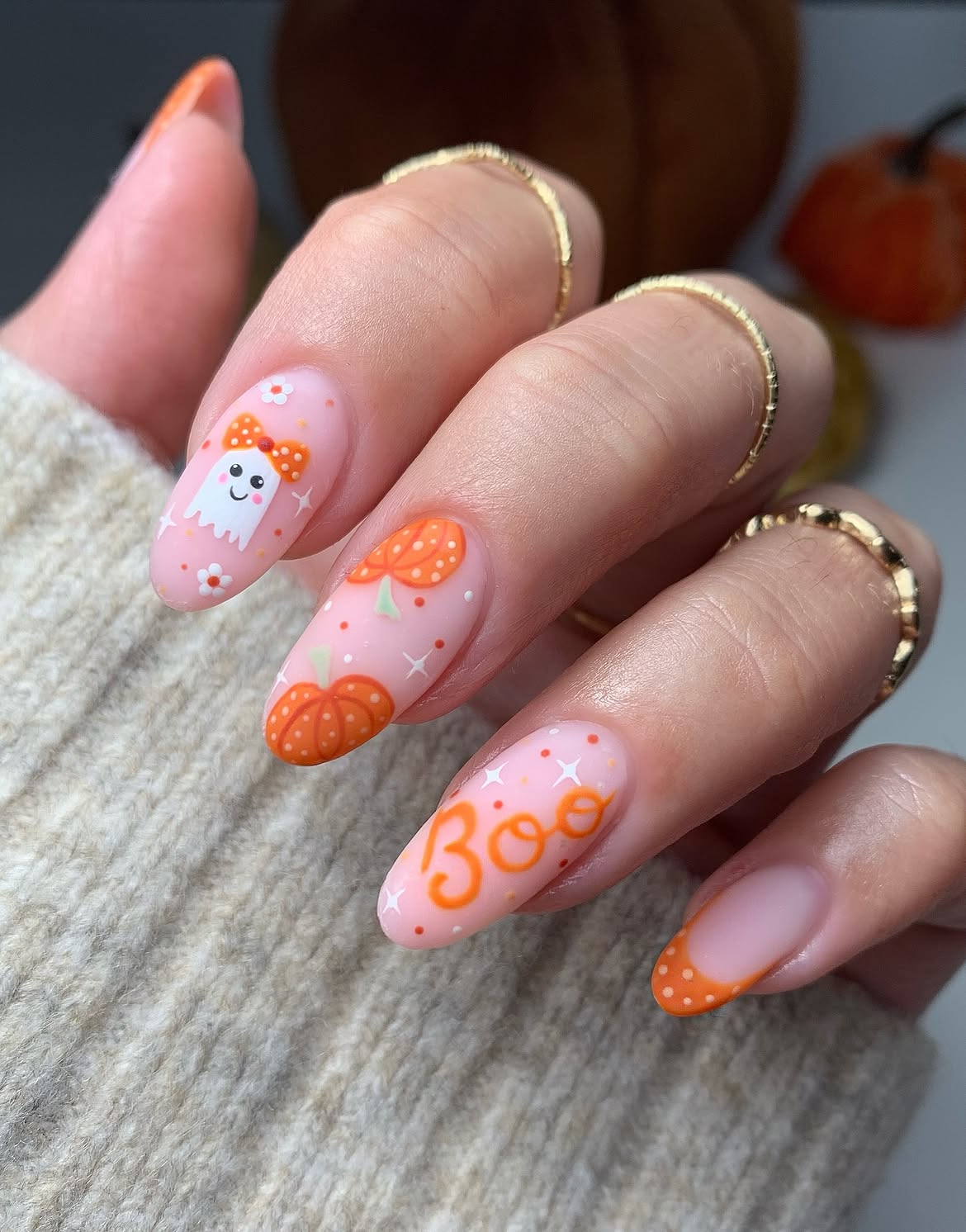 Cute Halloween Ghost and Pumpkin Almond Nails