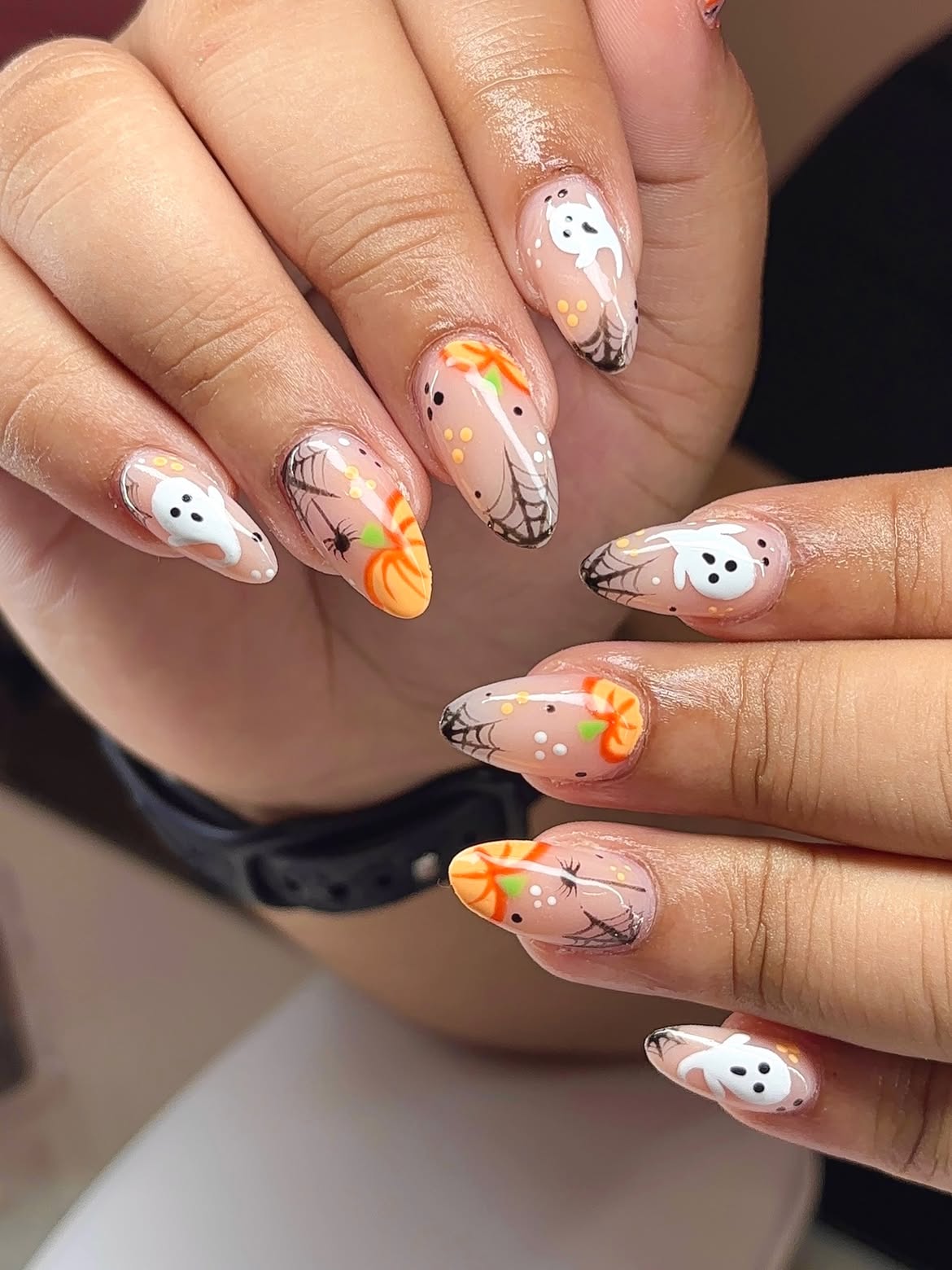Cute Halloween Ghost and Pumpkin Almond Nails