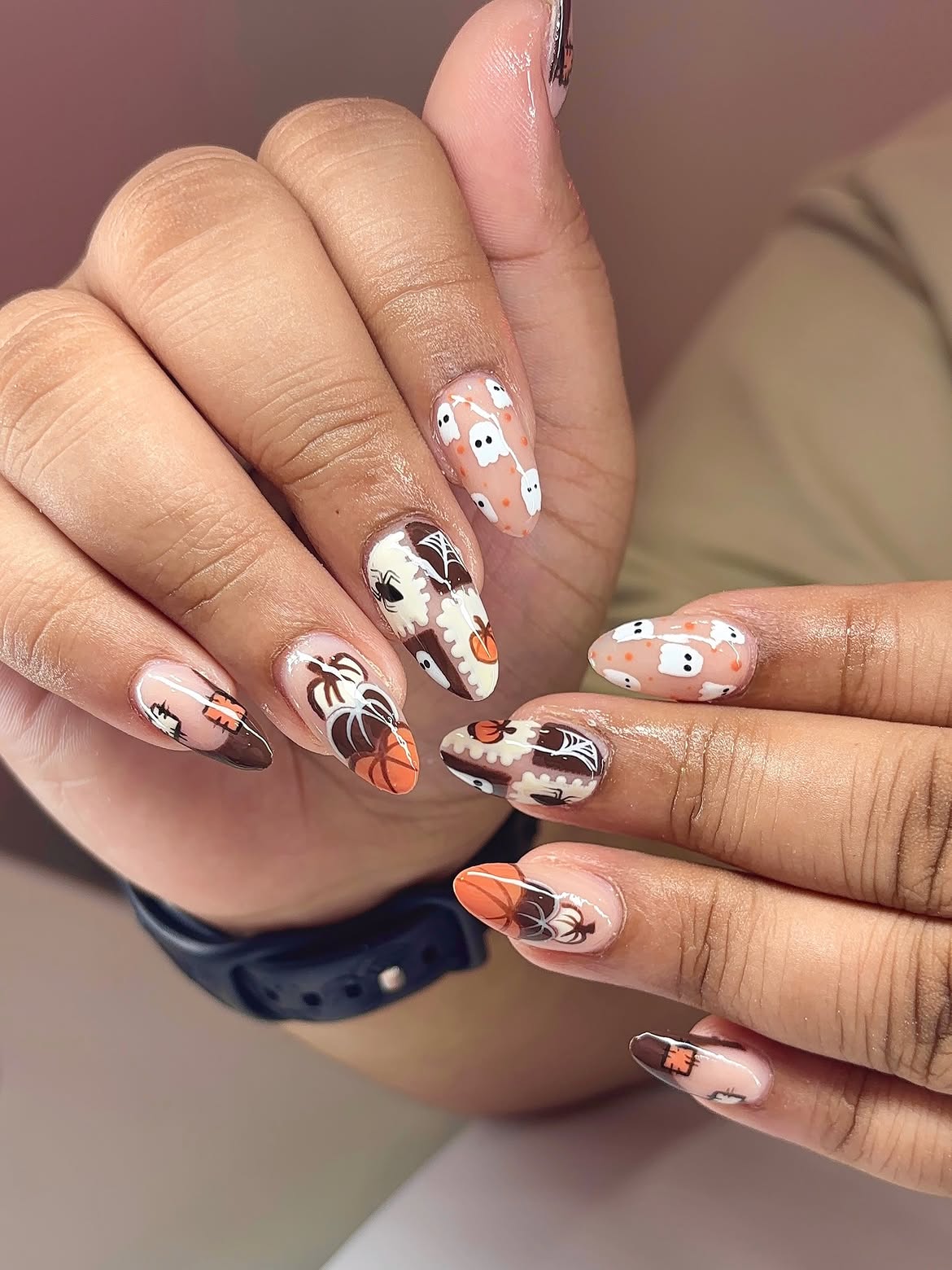 Cute Halloween Ghost and Pumpkin Almond Nails