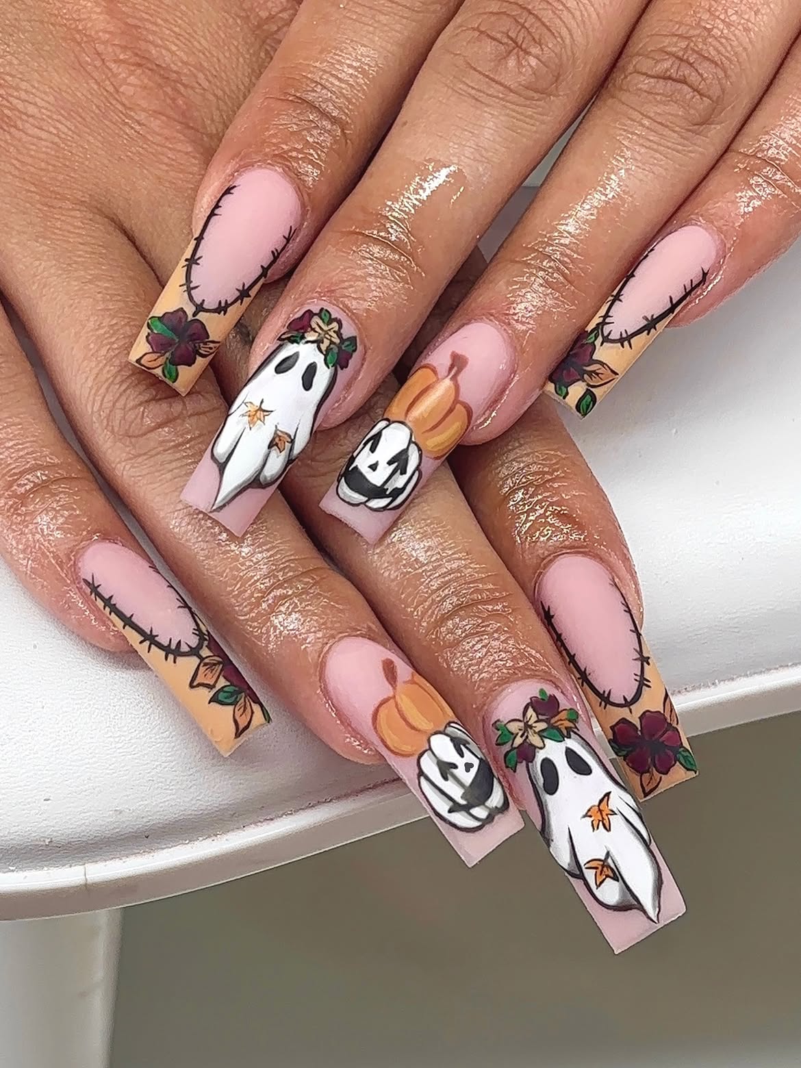 Cute Halloween Ghost and Pumpkin French Tip Nails