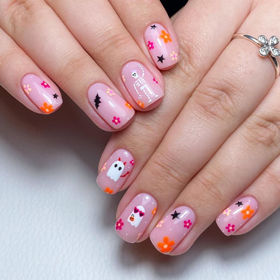 Cute Pink Halloween Ghost and Skeleton Nails
