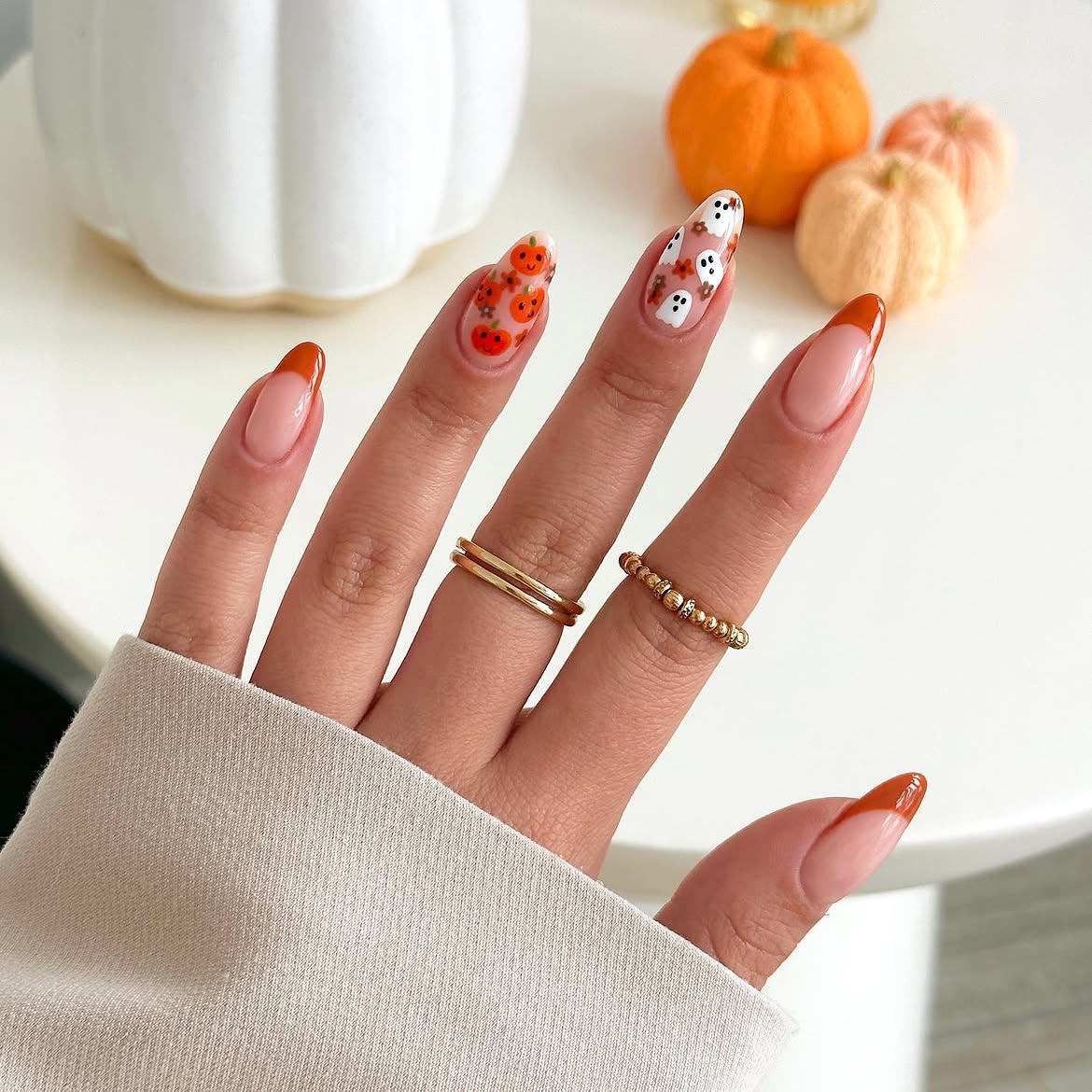 Cute Pumpkin and Ghost French Almond Nails