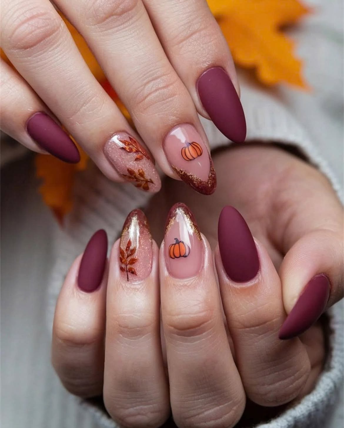 Cute Pumpkin & Leaf Fall Almond Nails