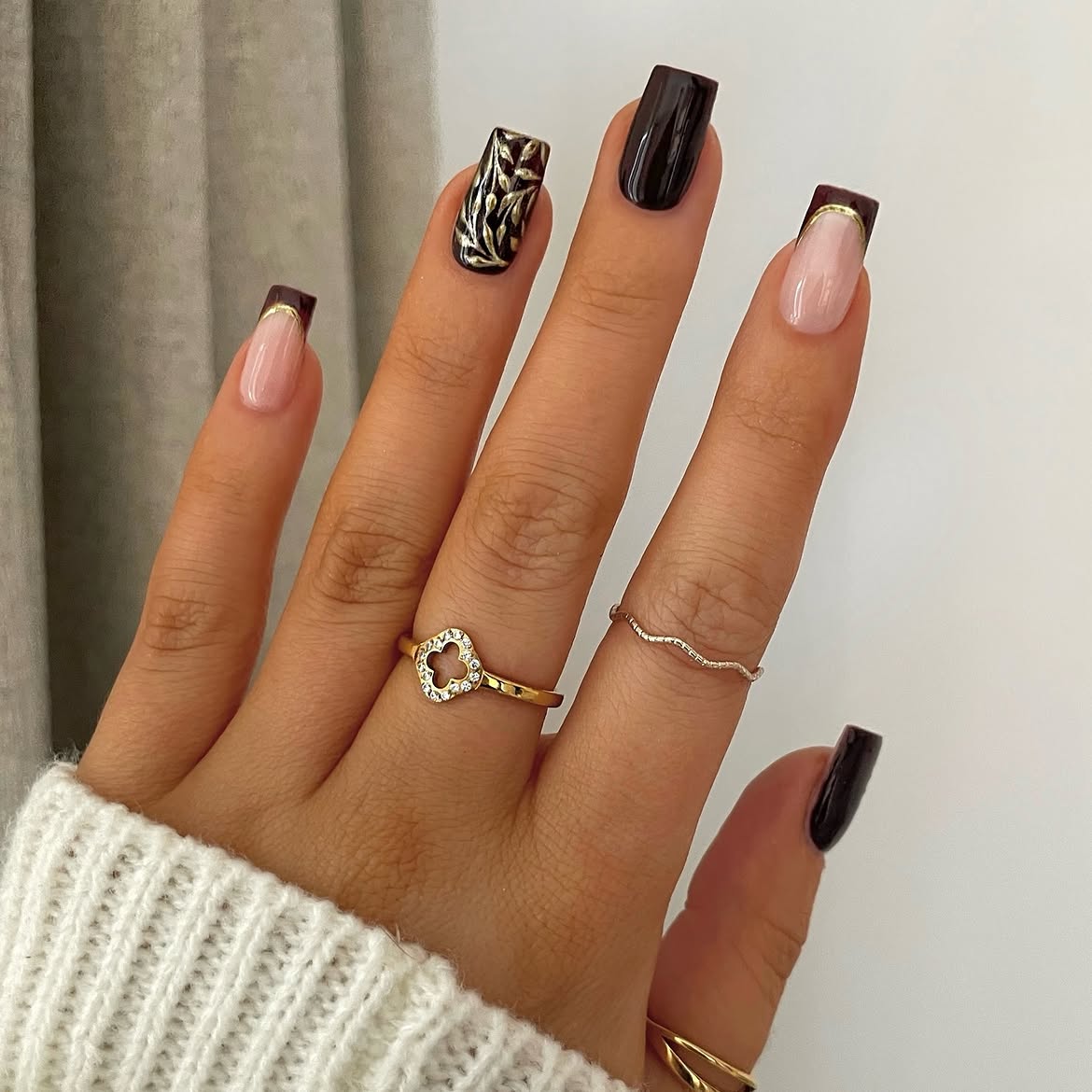 Dark Chocolate French Tips with Gold Leaf Art