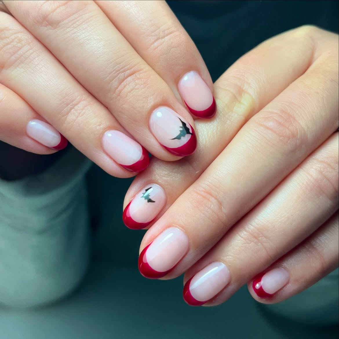 Dark Red French Tip Halloween Bat Nails