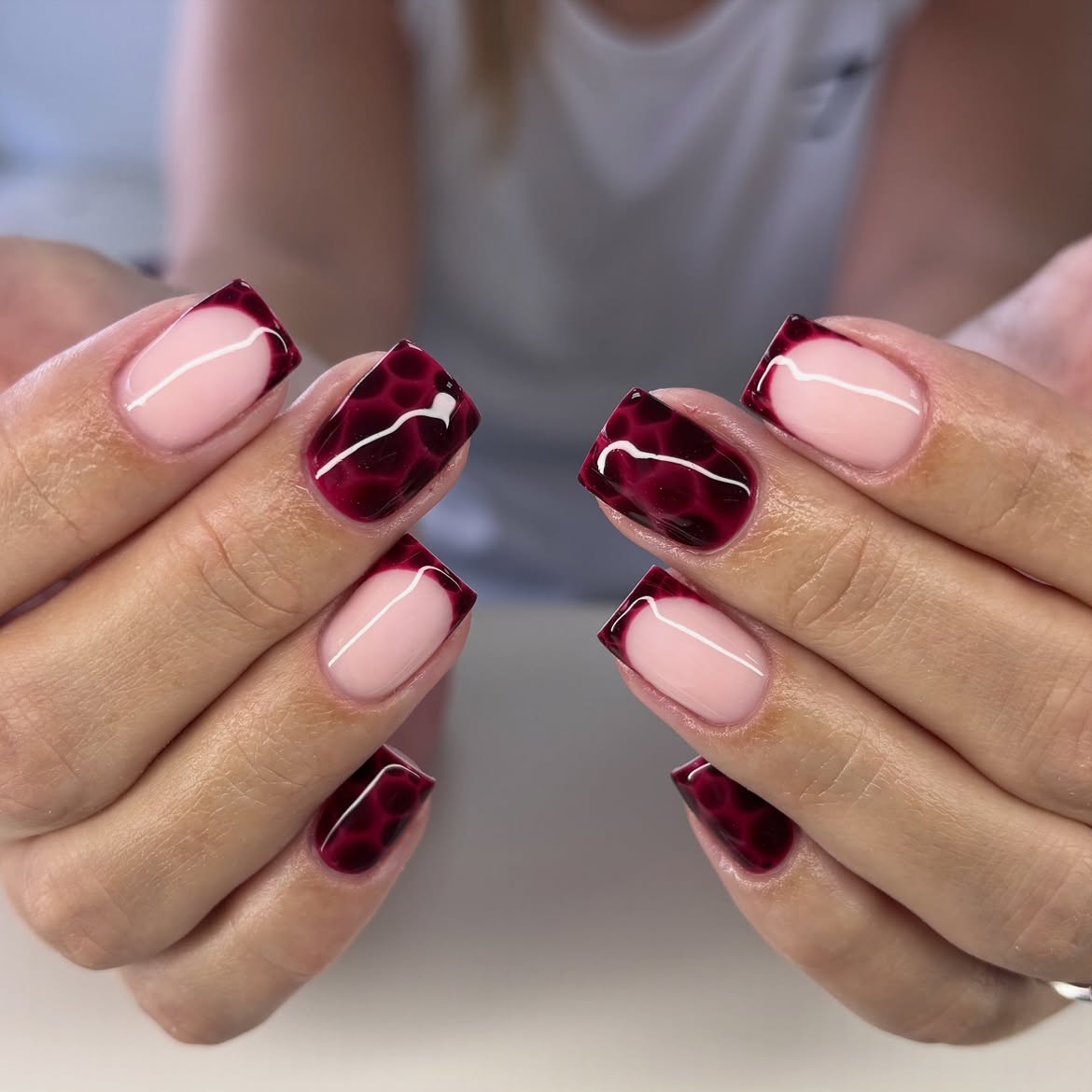 Deep Burgundy Animal Print French Tips