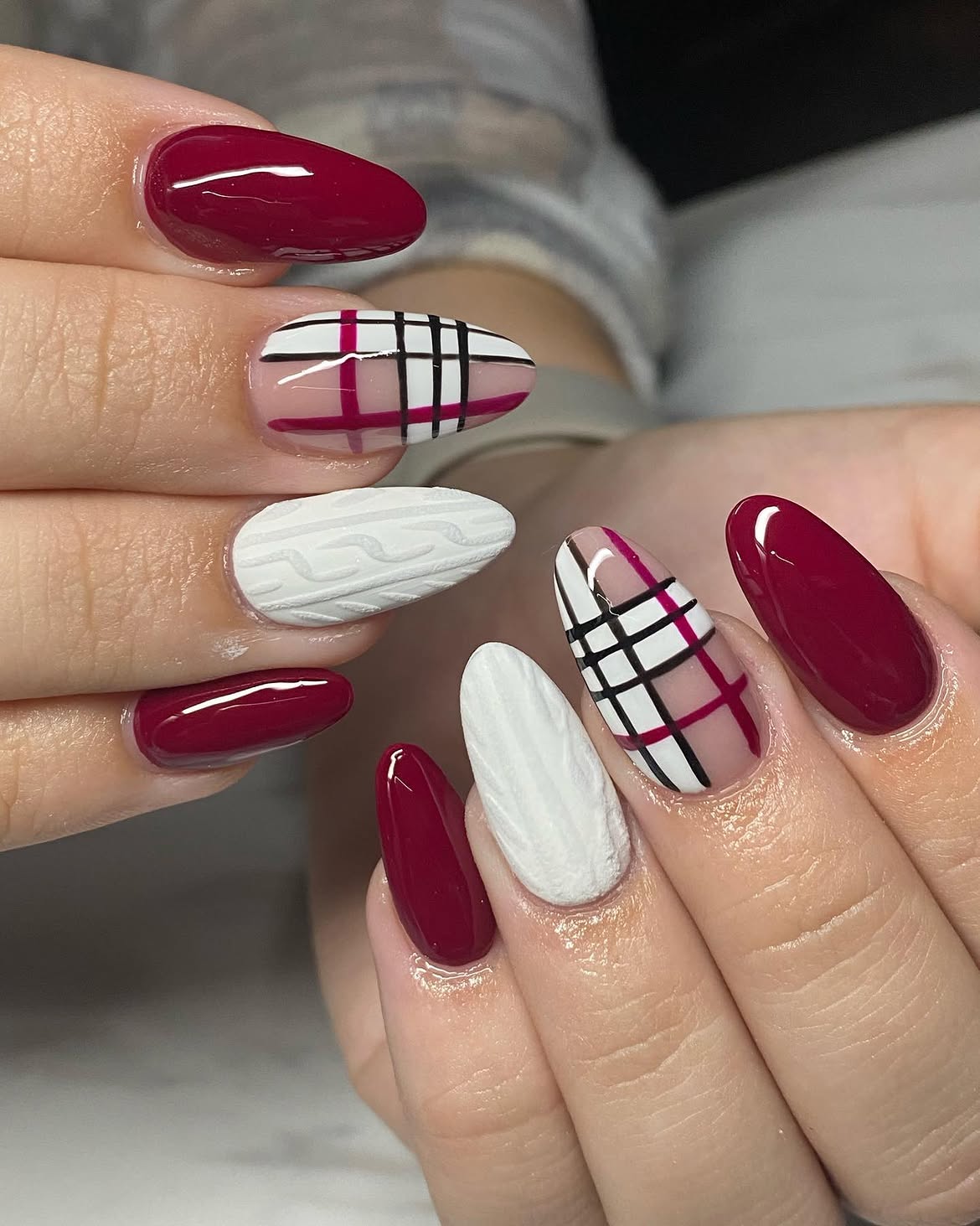 Deep Burgundy Cable Knit Plaid Almond Nails