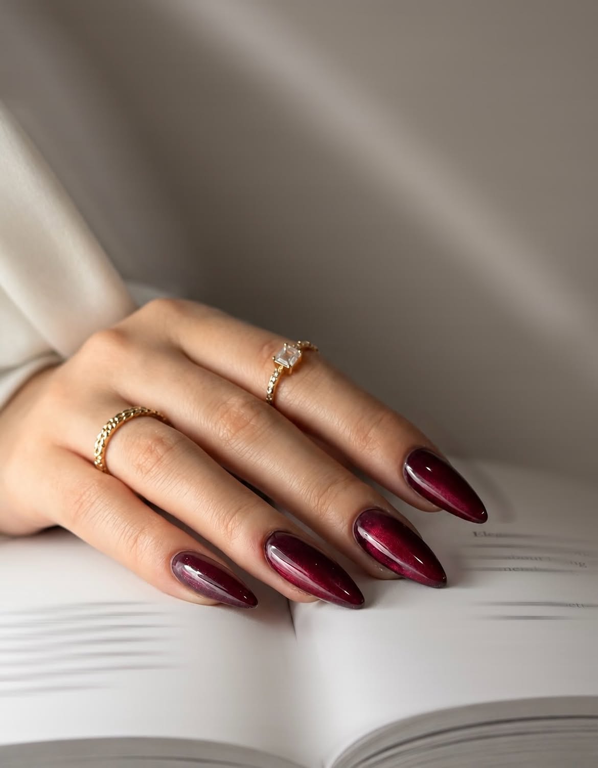 Deep Burgundy Cat Eye Stiletto Nails