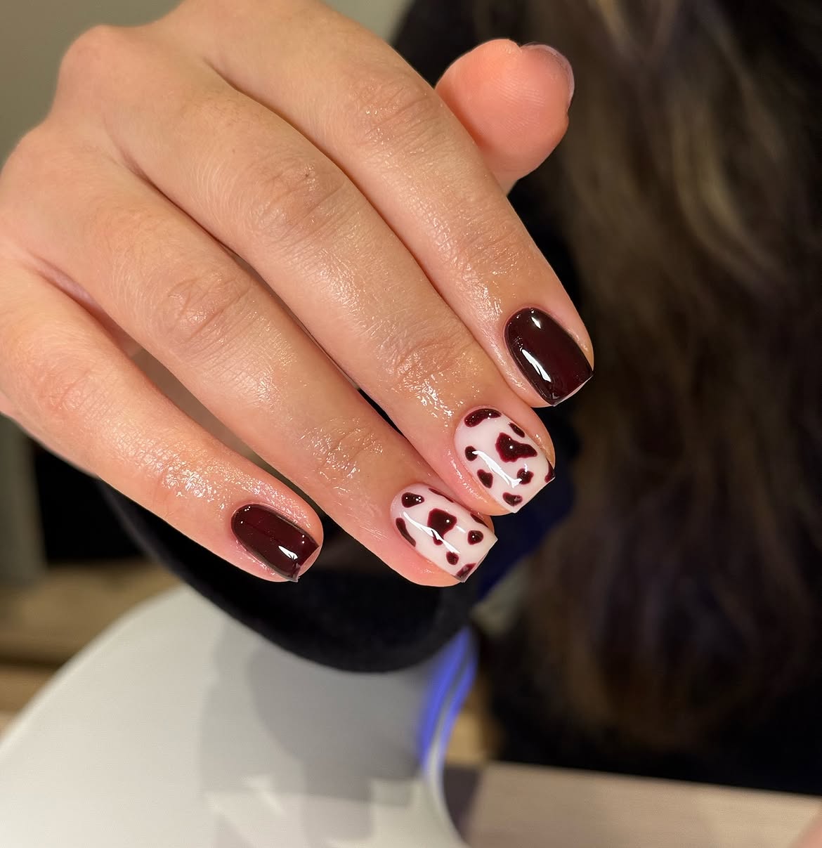 Deep Burgundy Cow Print Short Nails