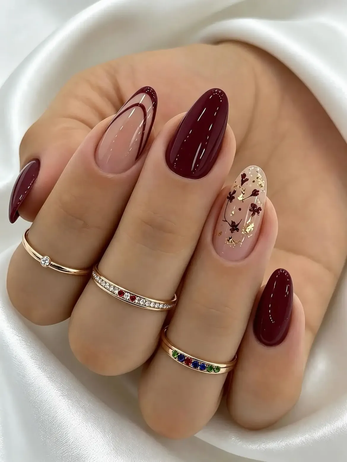 Deep Burgundy Floral Almond Nails